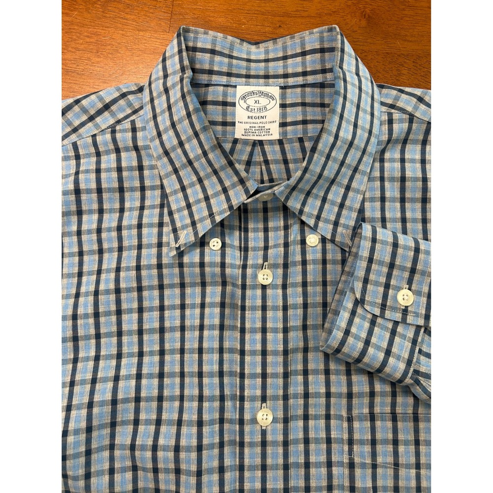 Brooks Brothers Regent Button Down Shirt Mens XL Blue Grey Check Non-Iron Cotton